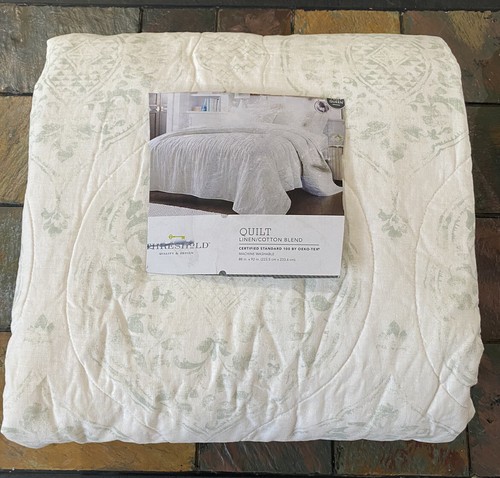 Threshold Green Off-White Damask Linen Blend FULL QUEEN Quilt - Picture 7 of 10