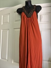 Max Studio Wood Beaded Dress Womens Orange Beaded V Neck Sleeveless Size Small