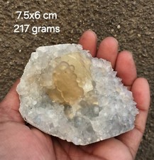 yellow fluorite balls with calcite on quartz matrix base # 217