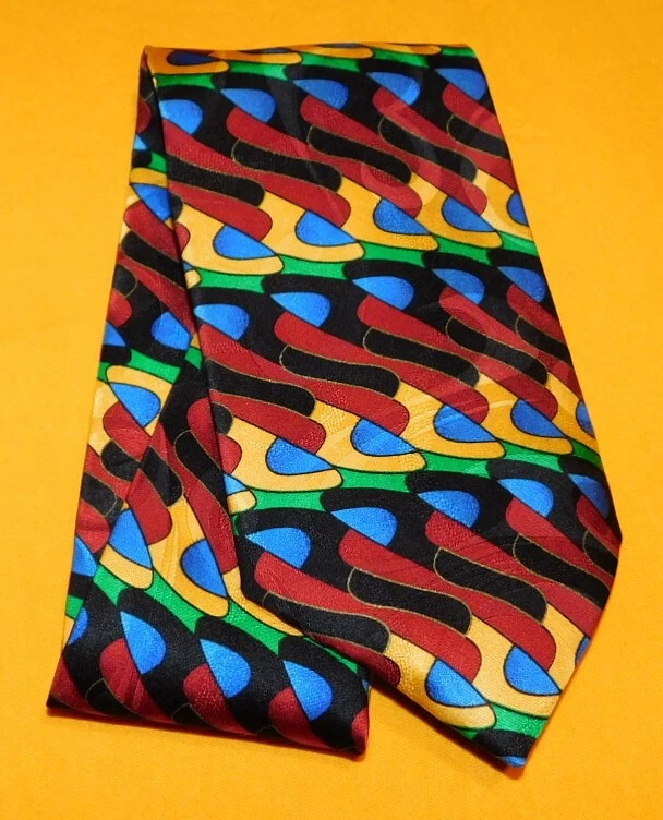 ADOLFO HECHO EN EE. UU. CORBATA DE SEDA ONDAS ART DECO AZUL/AMARILLO/VERDE - CORBATAS DE DISEÑADOR. Foto 2 de 3