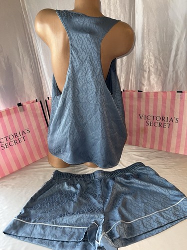 Victoria's Secret Satin Pajamas Sleep Shorts & Cami XL/XXL Blue Logo Print - Picture 3 of 4