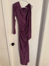 Women "Halston"grape color 1 sleeve long ruch dress with shoulder sash. Size 6