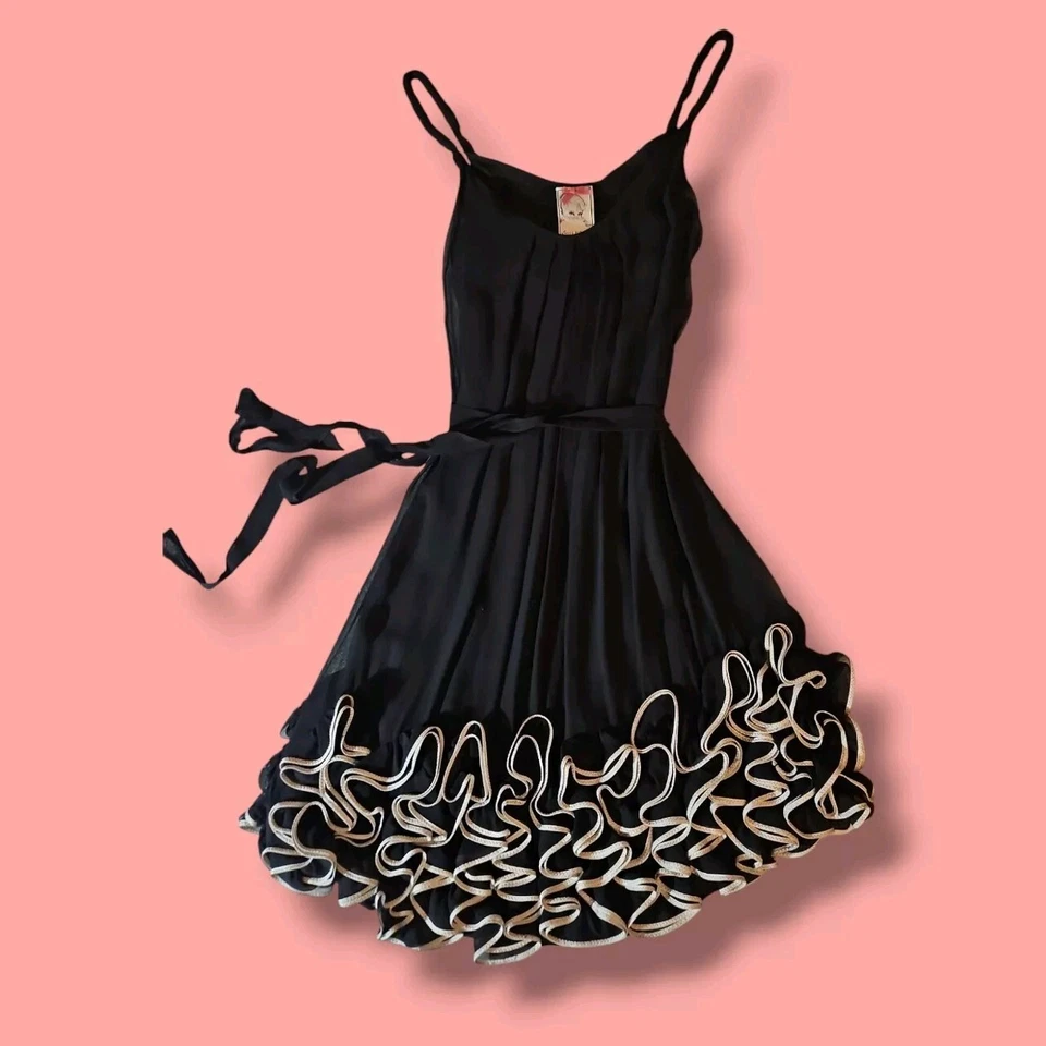 Рукава COUTURE черный шелк шифоновое платье Sz.10 оборки дизайнер Yoana Baraschi - Изображение 3 из 4