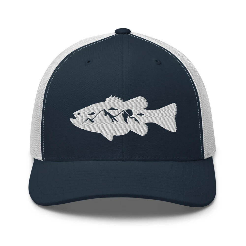 Bass Fishing Outdoor Fish Mountains Sun Lake Camp Embroidered Trucker Hat Cap