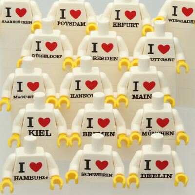 LEGO personalisierbarer Torso Oberkörper I LOVE - Dein Ort oder Text - weiss NEU