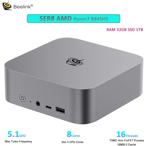 Beelink Mini PC Desktop Computers SER8 AMD Ryzen7 8845HS RAM 32GB SSD 1TB 5.1Ghz