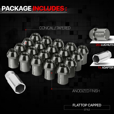 20 Black Aluminum Flattop Capped Tuner Lug Nuts – M12x1.25, 35mm, Conical Seat