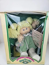 1985 Vintage Cabbage Patch Doll Blue Eyes Green Dress Blonde Pigtails Tooth