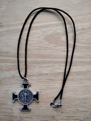 1.75'' Silver black enamel St Benedict medal cross crucifix 24'' chain necklace