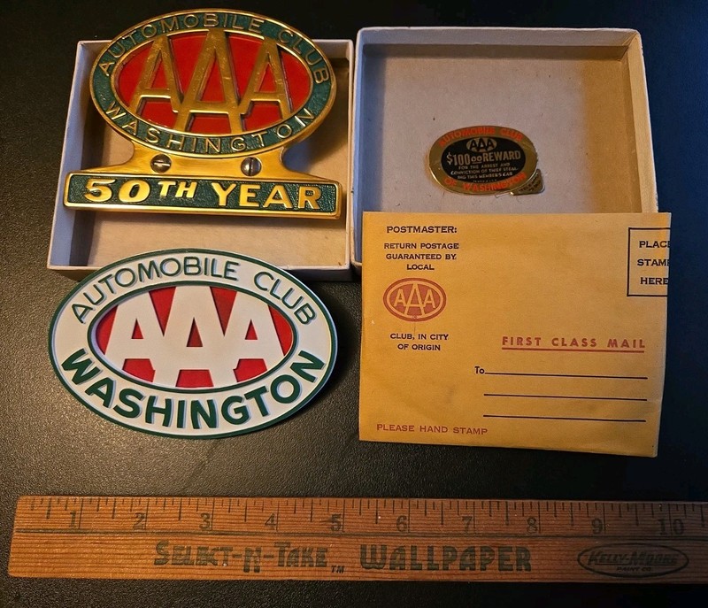 AAA Motor Club License Plate Emblem & National Award Emblem W/Box  Paperwork WA