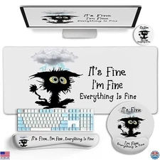 Large Gaming Mouse Pad Set with Wrist Rest & Cup Coaster - Cat Design