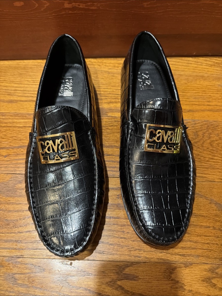 NEW Roberto Cavalli Class Black Croc Embossed Leather 