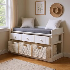 Large White Bench Stool With 3 Storage Drawer and 3 Basket Cabinet Window Seat