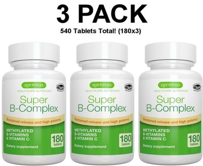 Super B-Complex, 3 PACK, Methylated B Vitamins & Vitamin C,  180 small tablets