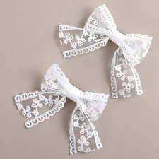 White Lace Hair Bow Clips 2 Pack 3 Inch Long Tail Ribbon Barrettes For Girls New