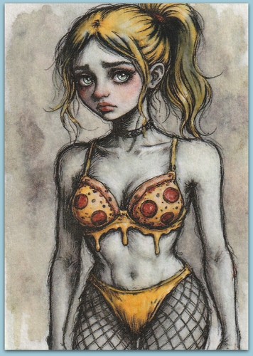 ACEO watercolor painting - pizza sexy girl woman surreal