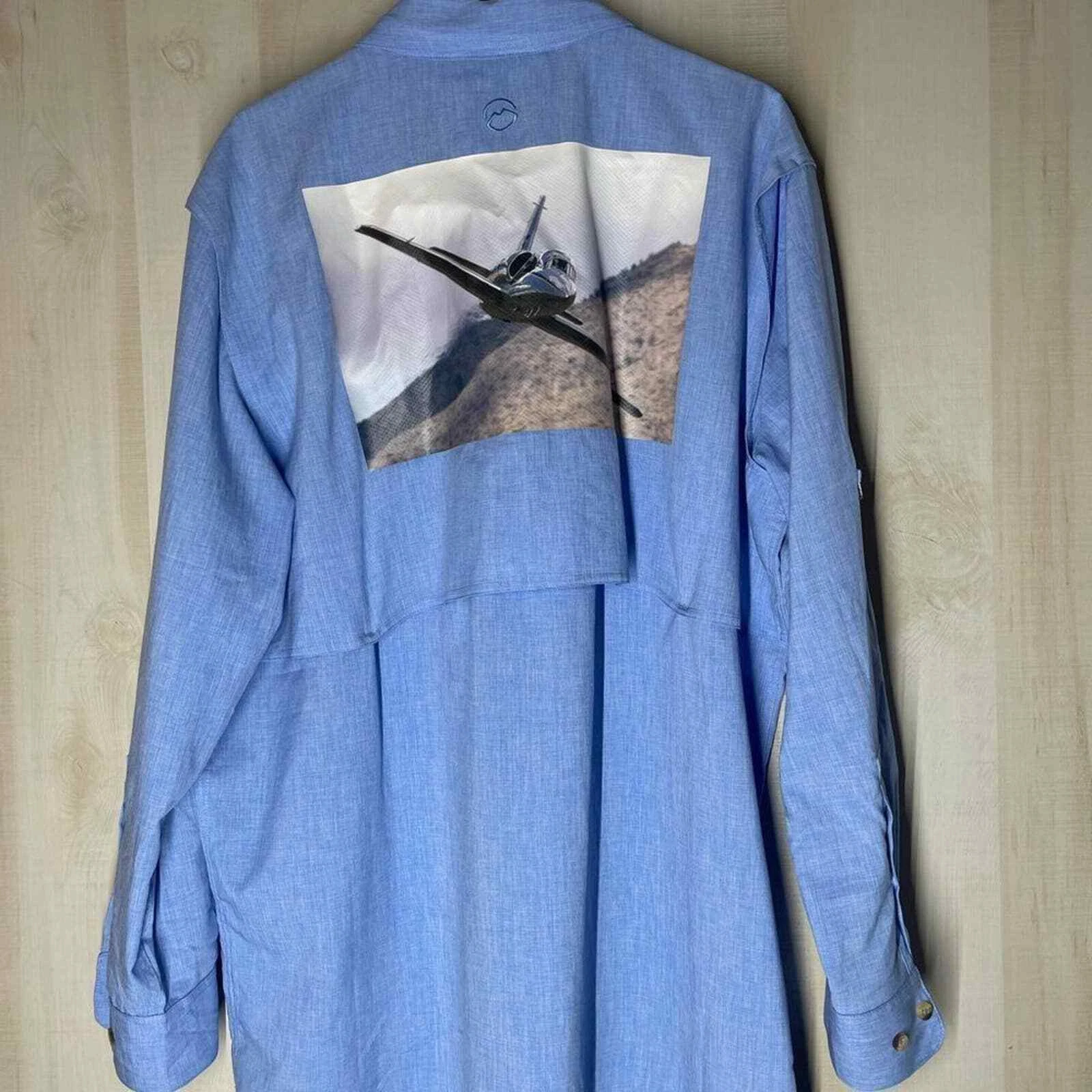 Magellan angler fit mag wick blue long sleeve shirt airplane on back, XL