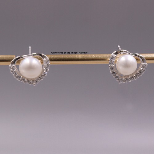 Real 925 Sterling Silver Natural Freshwater Pearl Heart Stud Earrings 12mm Width - 第 4/4 張圖片