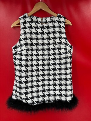 Sail To Sable Houndstooth Metallic Ivory Black Tweed Top Feathers Trim Sz S NWT