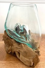 Molten Glass Bowl On Wood Root Stand | Decorative Bowl | Rustic Wood Decorative