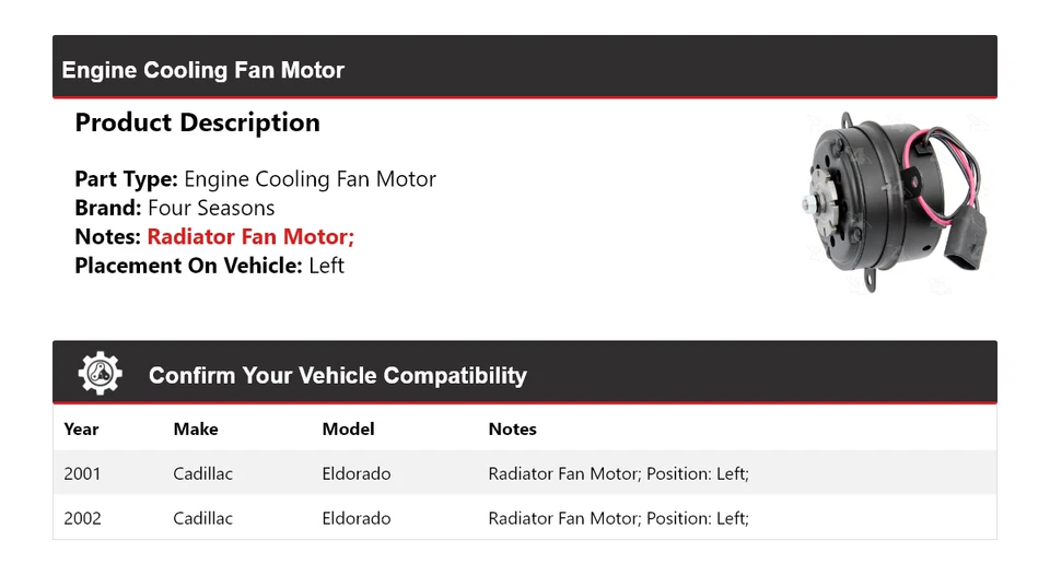 Ventilador de refrigeración motor izquierdo 4 estaciones para Cadillac Eldorado 2001-2002 Foto 2 de 4