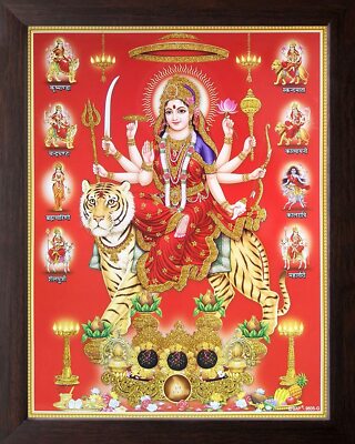 Göttin Durga Ambe Sherawali Maa Mit His 9 Form Religiös Druck IN Holz Rahmen