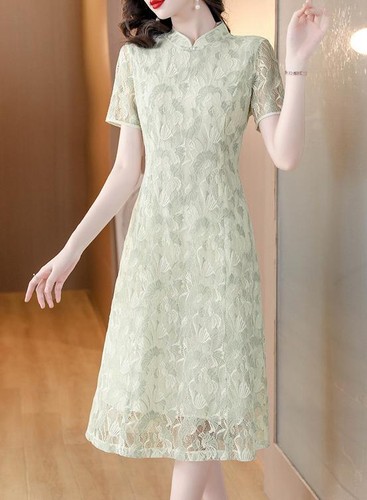 Women's Summer Stand Collar Drees Short Sleeve Pullover A-line Skirt Fashion New - Foto 8 di 11