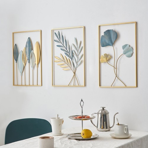 Gold Metal Wall Decor Leaf Wall Hanging Decoration Set of 3 Metal Wall Art H...