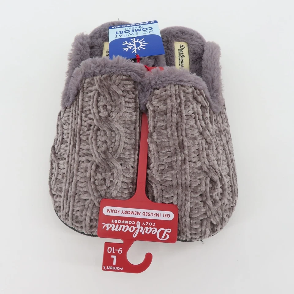 Dearfoams Women Large 9-10 Grey Chenille Cable Knit Faux Fur Slide Slippers NEW - Image 2 of 4