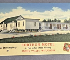 Vint Postcard SPRING VALLEY, Will FORTHUN MOTEL "Indian Head Country" Linen 1949
