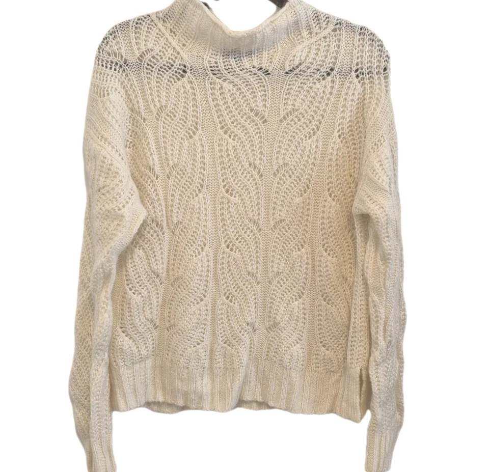 J. Suéter feminino Crew marfim malha de cabo tecido aberto pescoço simulado mistura de alpaca tamanho M - Imagem 2 de 4