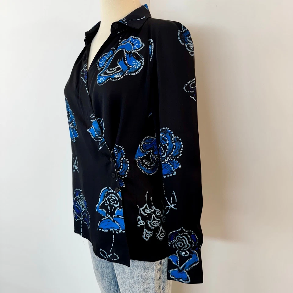Blusa Emporio Armani Sedosa Satén Oscura Floral Manga Larga Top Negro Azul Talla 40 Foto 4 de 4