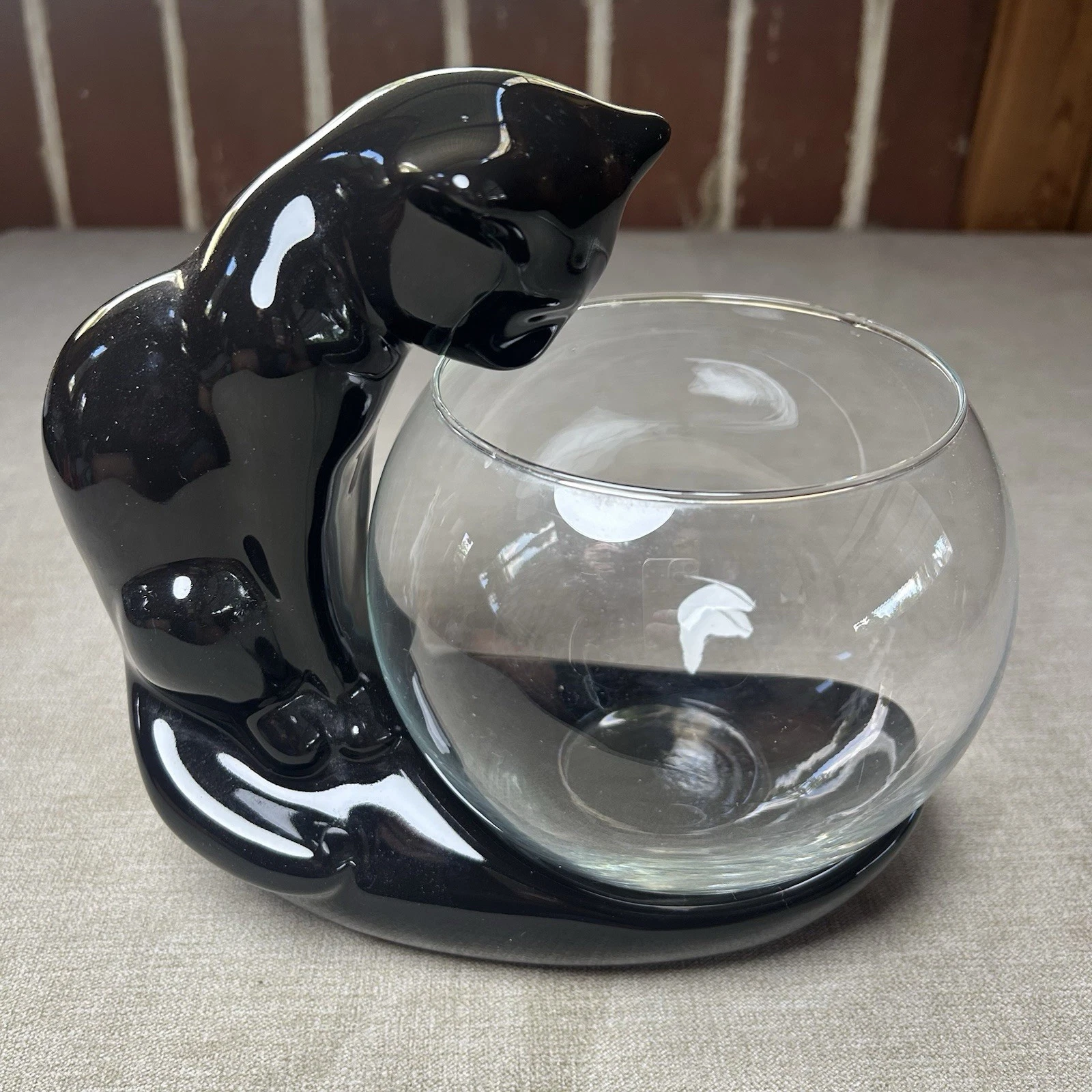 Vintage Royal Haeger Black Cat Pottery Sculpture with Fish Bowl 1996 Halloween