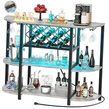  4-Tier Metal Coffee Bar Cabinet with Outlet and LED Light, Light Oak