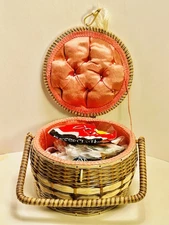 Filled Vintage Woven Round Wicker Sewing Basket Mid Century Lot with items 