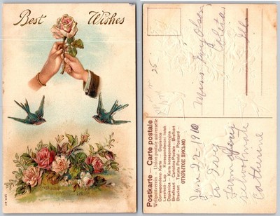 Best Wishes Hands Rose Swallows Bouquet Postcard