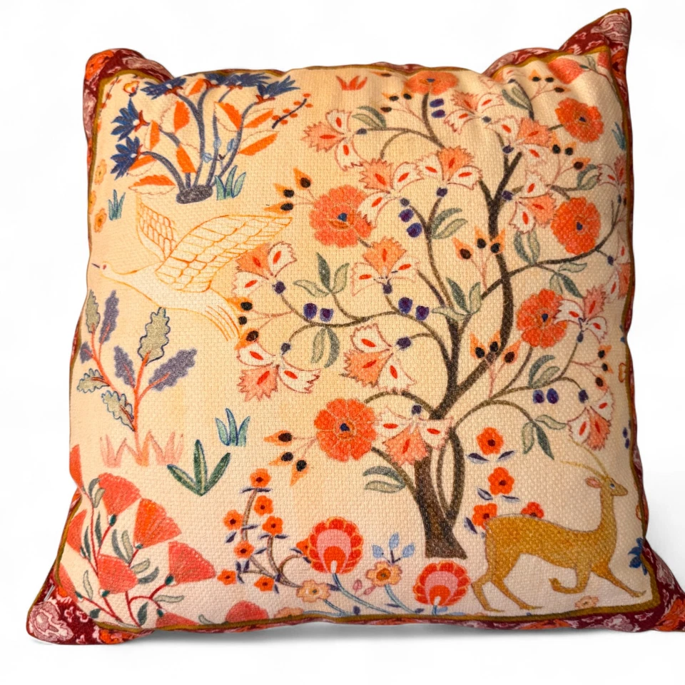 Pair Michaela Pillows Anthropologie Deer & Floral Folk Art Cream/Coral 16in - Image 2 of 4