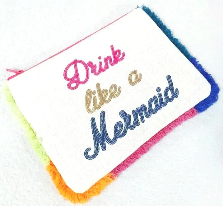 Bolsa de viaje Express Drink Like A Mermaid cosmética rosa azul mezcla de lino nueva con etiquetas Foto 3 de 4