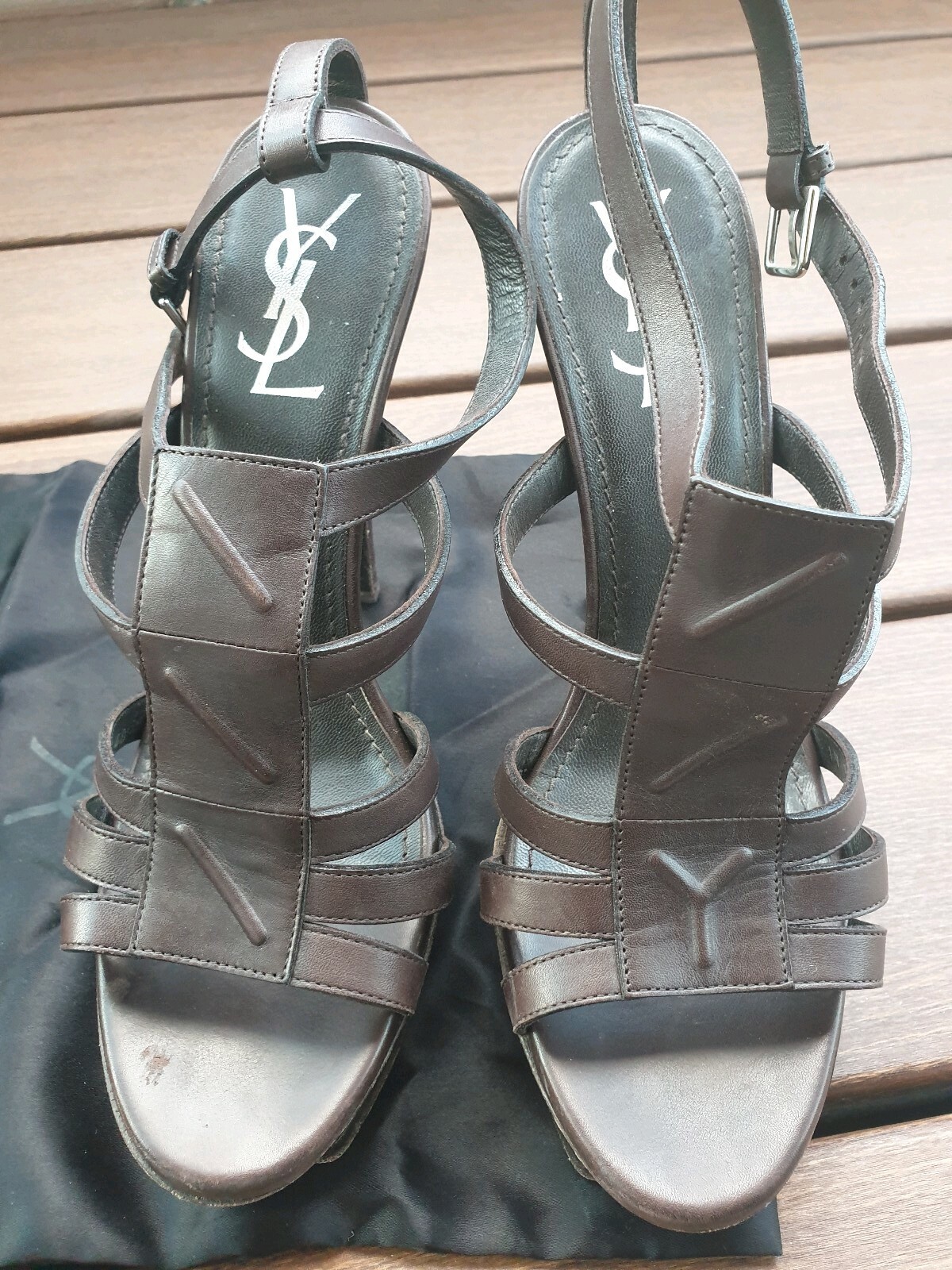 SAINT LAURENT YSL Tribute marrone scuro Sandali UK7 EU40 usati con sacchetto antipolvere originale prezzo di acquisto £640