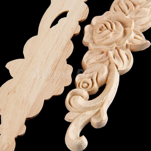 Wood Carved Long Onlay Applique Unpainted Flower Rose Door Home Decals 20*5cm - Picture 5 of 8