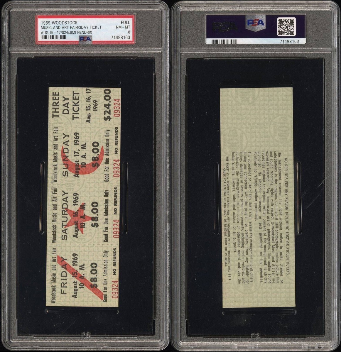 1969 WOODSTOCK 3DAY FULL TICKET JIMI HENDRIX/JANIS JOPLIN HISTORIC