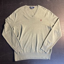 Polo Ralph Lauren Sweater Mens Size Large V-Neck Pullover Green 100 Pima Cotton
