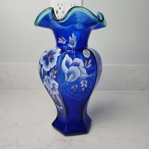 Fenton Vase 75th Anniversary Celebration Cobalt Blue Green Hand Painted  Signed