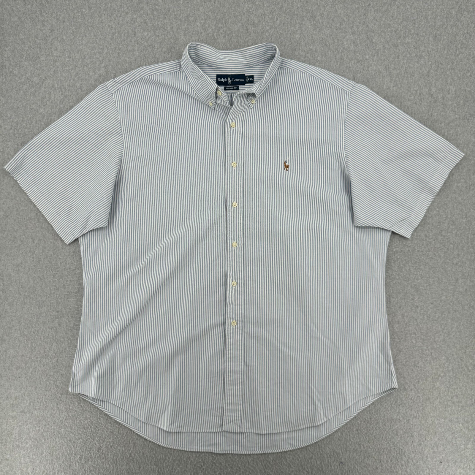 Polo Ralph Lauren Shirt Men's 2XL Blue Stripe Short Sleeve Oxford Flesh Pony
