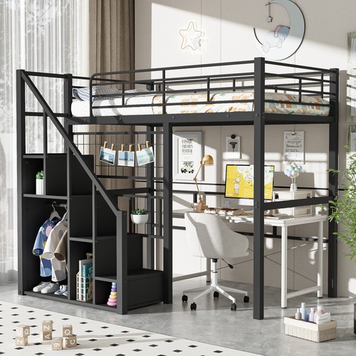 Twin Size Metal Loft Bed with Storage Staircase and Small Wardrobe, Black - Picture 3 of 18