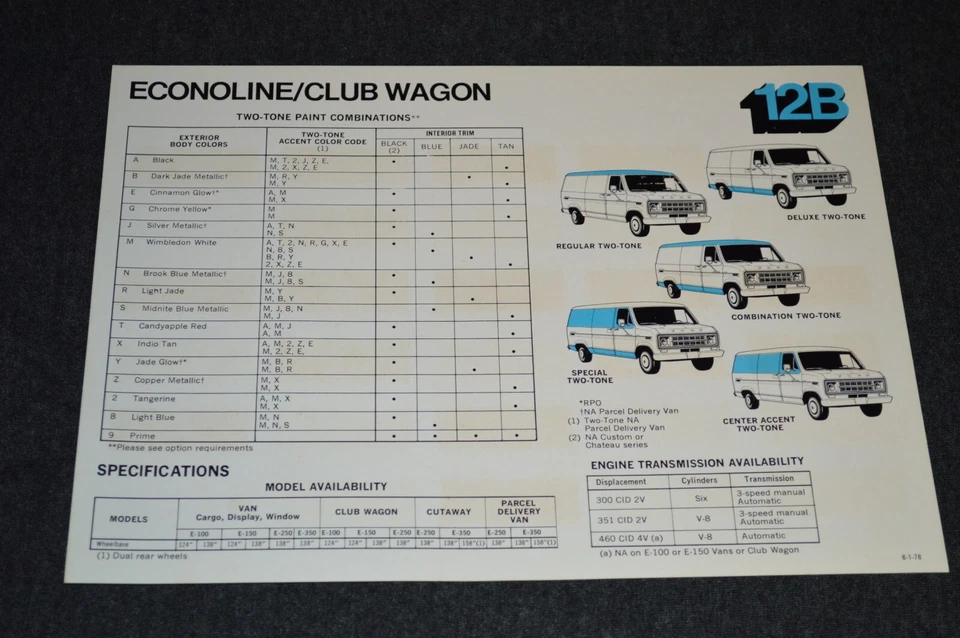 Ford Econoline 1977 furgoneta código de color molduras combinaciones solo distribuidor hoja de ventas 77 Foto 2 de 2