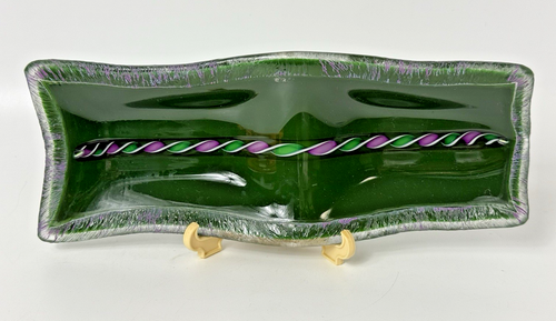 Studio Art Glass RIBBON TWIST Green Purple Thick Dish Trinket Tray Rectangle - Picture 18 of 18