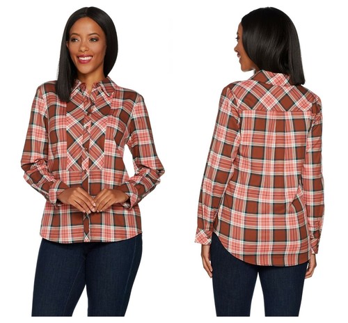 STRETCH WEAVE PLAID BUTTON FRONT SHIRT 