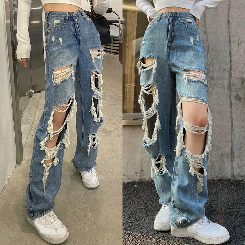 New Fashion Womens Denim Ripped Jeans Loose Straight Pants Bell Bottoms  Trousers