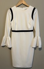 Calvin Klein Ivory Black Trim Knee Length Sheath Lined Dress Bell Sleeves Size 4